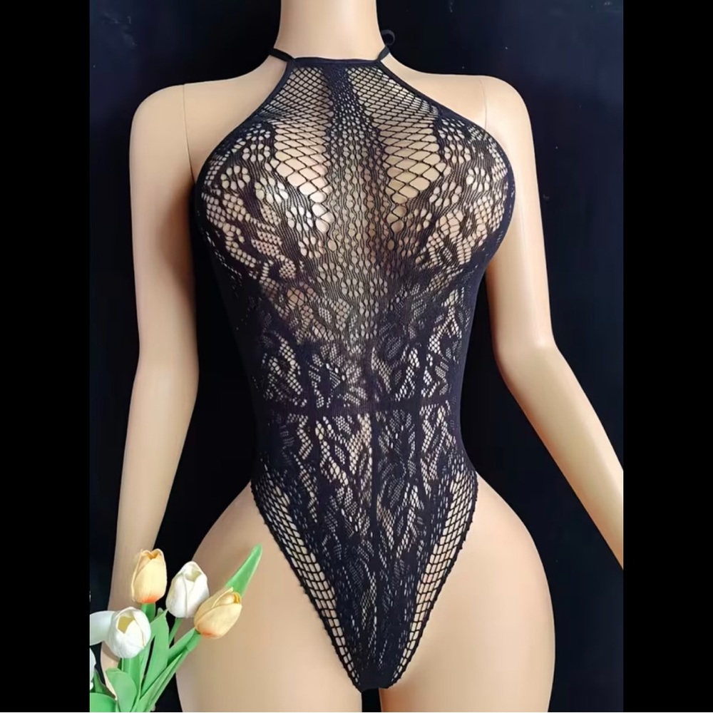 Black, Mesh, Floral Bodysuit